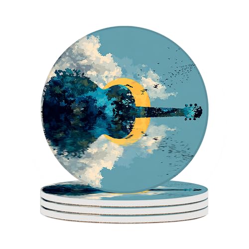 Image of Ceramic Coasters Set of 4 Absorbent Stone Drink Coasters with Holder,Non-Slip Cork Backing,Reflection Guitar Coasters for Coffee Table,Desk & Home Decor