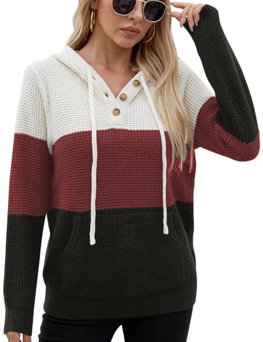 Image of VIMPUNEC Womens Fall Hoodie Sweater Long Sleeve Hooded Top with Pocket | V Neck, Button, Adjustable Drawstring, Waffle Knit, Loose Fit, Ribbed, Kangaroo Pocket
