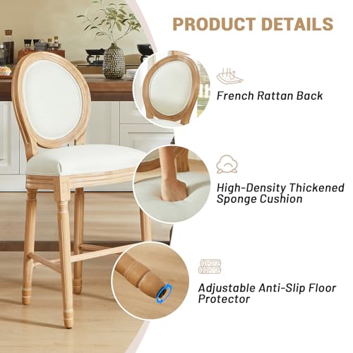 Image of Virabit Counter Height Bar Stools Set of 2, French Country Bar Stool with Solid Wood Frame and Upholstered Seating, Vintage Bar Chair