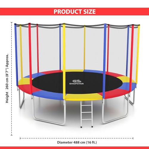 Image of Shopster Fitness Heavy GS 16 Feet Jumping Trampoline for Kids & Adults with Safety Enclosure Net, Jumper Mat (Supports Weight Capacity of 400Kgs), Indoor & Outdoor, (Dia- 16 ft), Rainbow