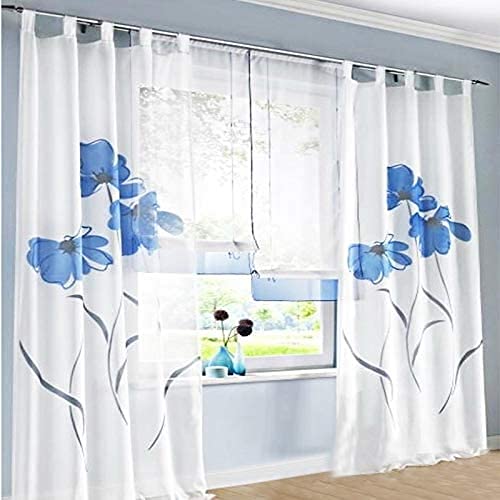 SIMPVALE Schlaufenschal Vorhänge Gardinen Wohnzimmer Vorhang Blumen Muster Schlaufengardinen 1 Stück, Transparenz übergardinen, Gardinen mit Schlaufen,H 145 x B 150cm Blau mit Weiß