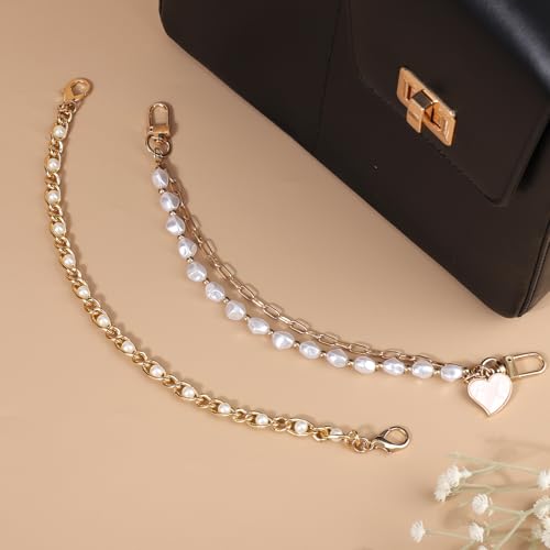 Penitue 2pcs Beaded Phone Wrist Straps, Double Chain & Imitation Pearls Mobile Phone Bracelet with 2 Tether Tabs for Women Phones Keychain Charm - Thumbnail 3
