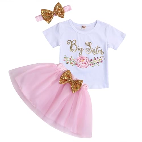 Toddler Baby Kid Girls Big Sister Outfits Short Sleeve T-Shirt Top+Tutu Skirt with Headband Clothing Set
