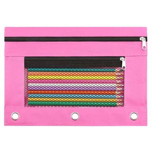Image of Pencil Pouch for 3 Ring Binder - 3 Hole Zipper Pen Case Bag Holder Bulk Accessories Clear Window Aesthetic Organizer Pockets (Hot Pink)