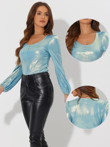 Image of Allegra K Metallic Blouse for Women's Sparkly Party Club Shiny Bishop Sleeve Disco Glitter Tops