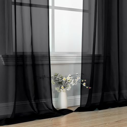 Image of OVZME Black Sheer Curtains 84 Inches Long 2 Panel Sets, Solid Color Lightweight Voile with Light Filter for Sliding Door, Living Room&Bedroom (W42 x L84, 1 Pair)