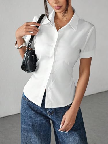 Image of Aahwan White Solid Button-Down Striped Print Casual Short Sleeve Shirt for Women's & Girl's