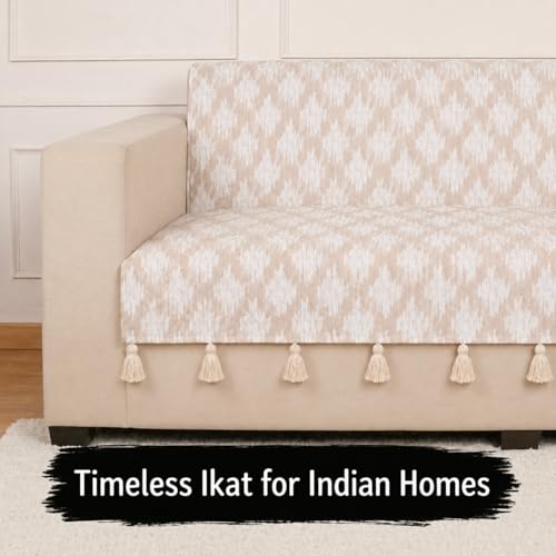 Image of STITCHNEST 'Verdant Ikat Stories' 2 Seater Sofa Cover - Full Coverage| Elegant Jacquard Fabric, Decorative Tassels, Washable & Durable for Modern Living
