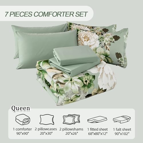 Juego de edredón Queen de microfibra suave de 7 piezas estampado verde 8