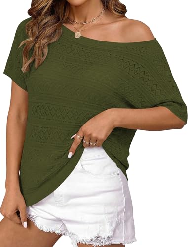 Image of Cakulo Womens Off The Shoulder Batwing Short Sleeve Crochet Tops 2026 Spring Summer Sweater Top Knit Beach Cover Up