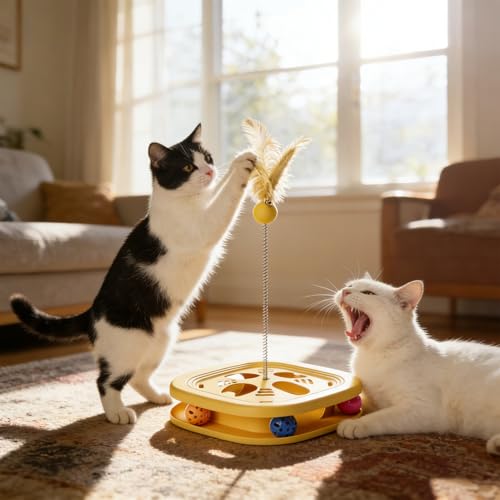 Juguetes Puzzle para gatos con caña de plumas antideslizante y pista de bola 3