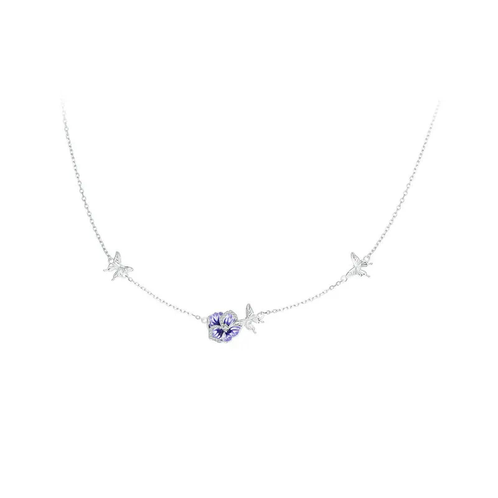 Collar Con Colgante De Flor De Pensamiento Esmaltada Morada En Plata De Ley 925, Cadena Ajustable Para El Cuello Con Mariposa Danzante Para Mujer