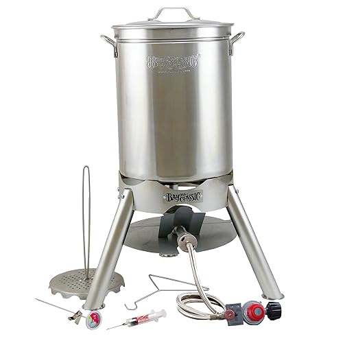 Bayou Classic 200-440 44-qt Stainless Turkey Fryer Kit Features 44-qt Stockpot w/Lid Poultry Rack & Lift Hook 14-in Tall Stainless Cooker Frame w/ 4-in Cast Aluminum Burner