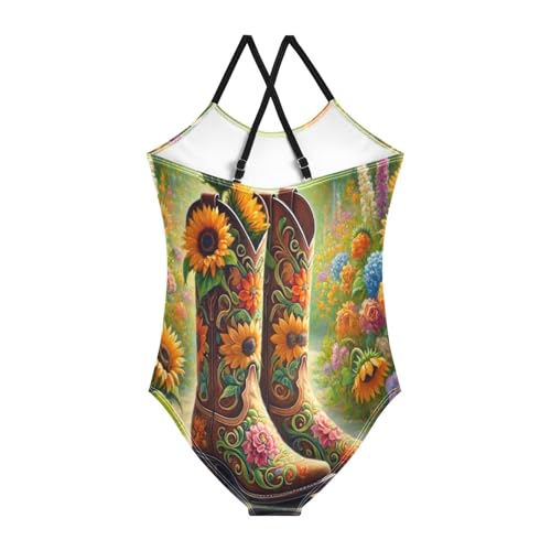 Flower Cowboy Boots Girls Swimsuit Bathing Suit One Piece Swimsuits Summer Beach Swimwear2