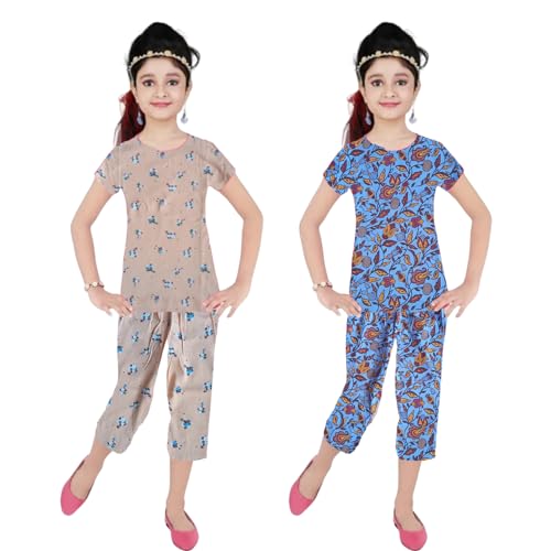 Image of Girls Pure Cotton Casual Round neck regular feet Multi Color Girls night dress Half Sleeve set of 3 pcs