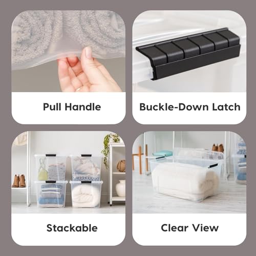 IRIS USA 94 Qt Stackable Plastic Storage Bins with Lids, 2 Pack - BPA-Free, Made in USA - See-Through Organizing Solution, Latches, Durable Nestable Containers, Secure Pull Handle - Clear - Image 4