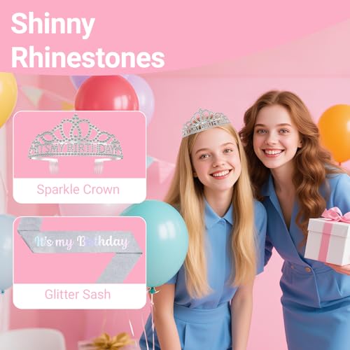 Birthday Tiara and Crown with Sash, Birthday Tiara for Women Party Silver