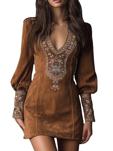 YADMISU Womens Vintage Faux Suede Western Dress Long Sleeve V Neck Embroidered Ruched Short Bodycon Dresses Brown S