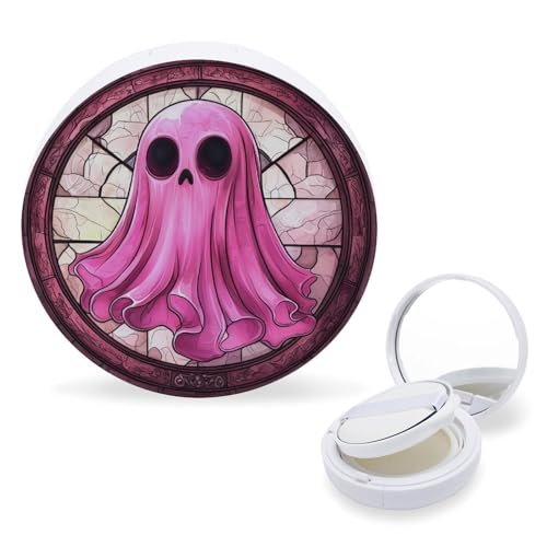Hayyett Cartoon Pink Ghost Stained Glass Air Cushion Puff Box Portable Cosmetic Makeup Case Container,Loose Powder Foundation Container