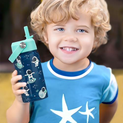 Image of SANDJEST Astronaut Water Bottle - Kids Water Bottle with Straw Lid - 12 Oz Insulated Stainless Steel Water Bottles for Kid Boys - Travel Cup for School Sports