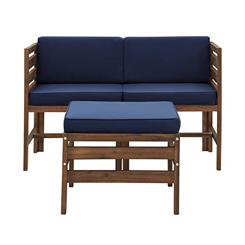 Pemberly Row Modular Acacia Patio Arm Chairs and Ottoman in Dark Brown/Navy Blue