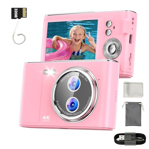 Fotocamera Digitale Bambini Compatta 32GB: 48MP Macchina Fotografica con Schermo 4K 2,8' Anti-Shake 16X Digital Zoom Videocamera Portatile per YouTube Vlogging Automessa a Fuoco Rosa
