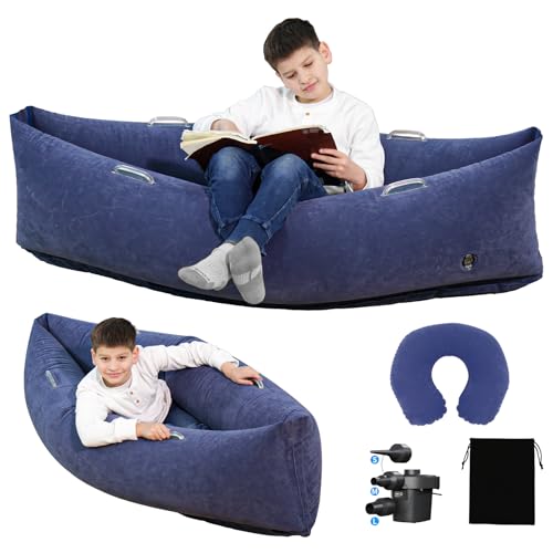 Image of Bmag Sensory Chair for Kids, Inflatable Peapod Canoe with Neck Pillow, 60 inch Sensory Pod Seating ADHD Toy Gift for Autistic Children, Includes Electric Air Pump, Dark Blue
