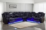 Power Recliner Sofa Sectional Sofa with LED Light for Living Room, Air Leather Reclining Corner Sectional Sofa Set, Cup Holder, Storage Console for Home Theater Seating (Black, Sectional)
