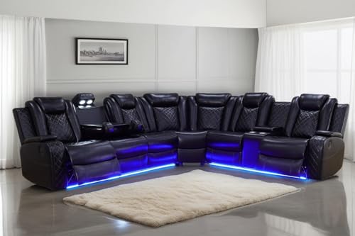 Power Recliner Sofa Sectional Sofa with LED Light for Living Room, Air Leather Reclining Corner Sectional Sofa Set, Cup Holder, Storage Console for Home Theater Seating (Black, Sectional)