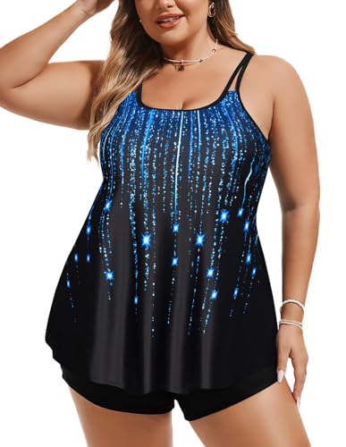 Hanna Nikole Tankini Set Damen Übergröße Bauchkontrolle Bademode Elastische Zweiteilig Badeanzüge mit Boardshorts Blauer Sternschnuppen 52 2