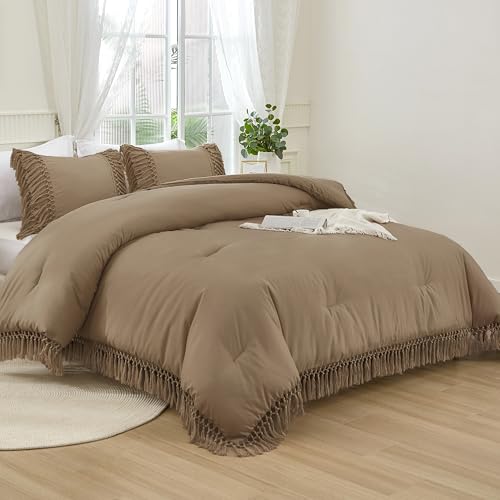 Image of Andency Taupe Full Size Comforter Set, 3 Pieces Boho Tassel Lightweight Soft Bedding Comforter Sets, All Season Fluffy Fringe Bed Set (79x90In Comforter & 2 Pillowcases)