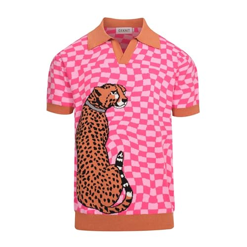 Men's Knitted Retro Poloshirt, 1960s Mod Style Vintage Plaid Shirt with Animal Pattern Rose Red - Main Image