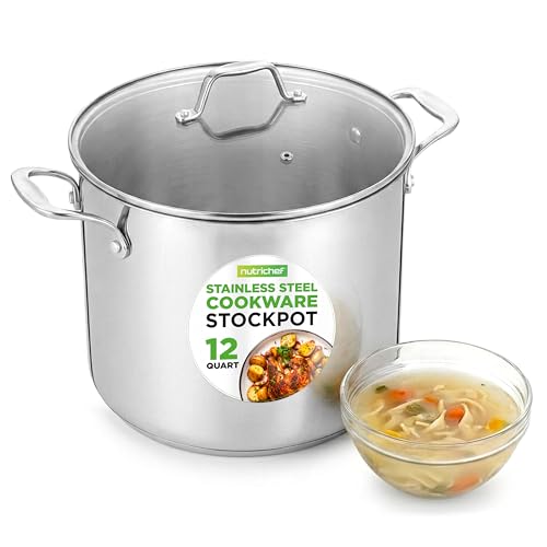 NutriChef 12 Quart Stainless Steel Stock Pot with Lid | Induction Cookware for Home & Commercial Use | Heavy Duty Cooking Pot for Boiling or Simmering Soup, Pasta, Seafood, and Sauces