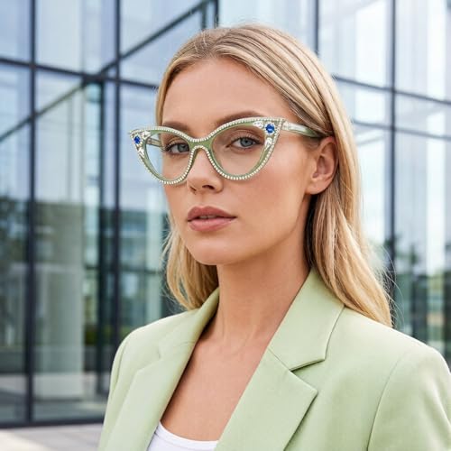 Image of ICARA Sparkling Crystal Retro Cat Eye Frame Bling Rhinestone Reading Glasses for Women Blue Light Blocking Computer Eyeglass