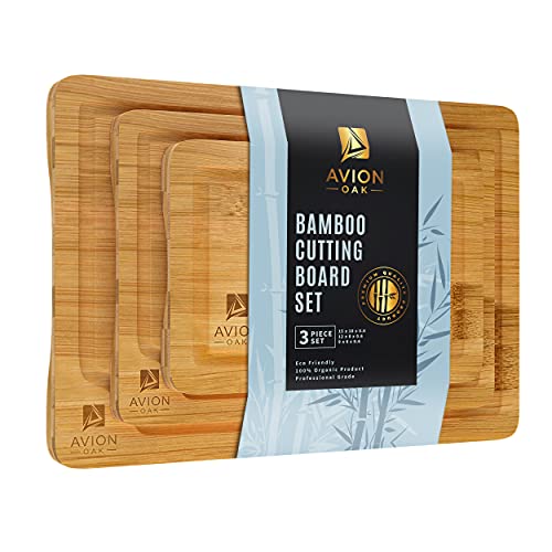 bamboo cutting board set, 3 piece kitchen chopping boards with juice groove, wood cutting boards for cheese, meat, and vegetables. Dish Washer Safe Wood Cutting Boards Avion Oak