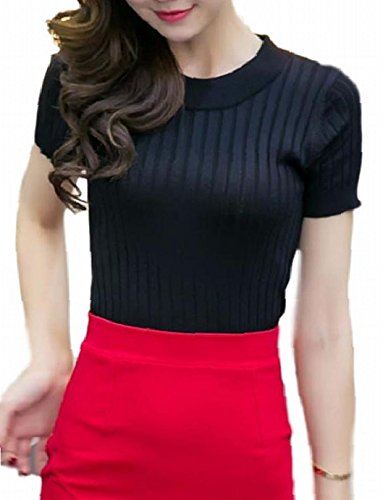 トーアソーア リブ ニット トップス レディース 春 夏 秋 冬 薄手 タイト おしゃれ かわいい へそ出し tシャツ セーター プチ ハイネック カットソー 半袖 (黒)