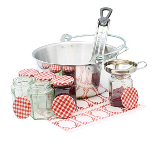 Jam Making Kit Starter Bundle Includes Maslin Pan Suitable for Electric Gas or Induction Hob 6 x Jars & Lids Thermometer Funnel & Labels Comes Boxed