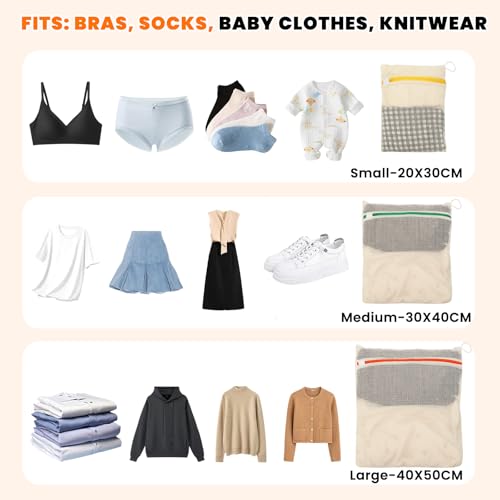 Wäschebeutel aus Baumwolle, 3er-Set, Wäschenetz mit Reißverschluss, 30x20/40x30/50x40 cm, Wäschesack zum Aufhängen, Wäschenetz für Waschmaschine, Netzbeutel für Reise, Organizer