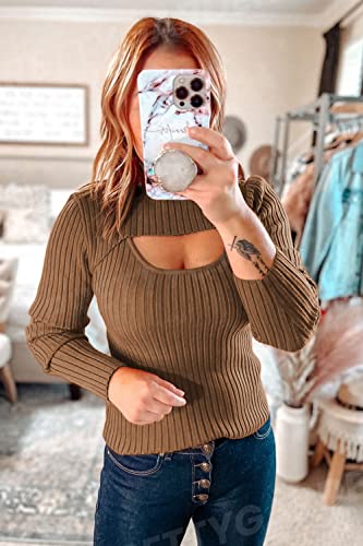 Image of PRETTYGARDEN Women's 2025 Fashion Fall Clothes 2 Piece Cutout Tops Long Sleeve Mock Neck Rib Knit Winter Pullover Sweater