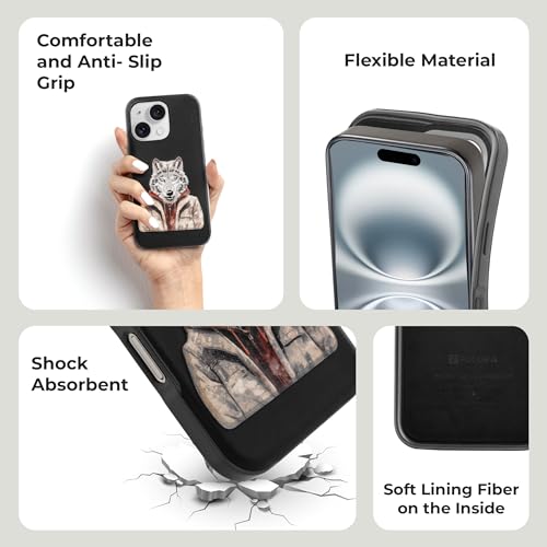 Image of PULOKA - Mobile Cover Compatible for iPhone 15 - Wolf Embroidery - Sleek & Stylish - Protective & Anti Scratch Phone Cover Vegan Leather Back Case - Men & Women - Black