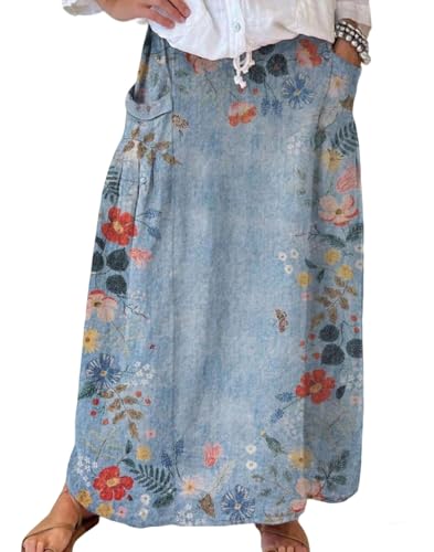 loveimgs Women Floral A-Line Long Denim Maxi Skirt Casual High Waist Asymmetrical Baggy Jean Skirt Pleated Pockets
