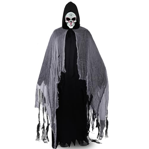 HERMORRYSS Disfarce de pescador para homem, costume da fantasma no Halloween com máscara e autocolantes, disfarce medo adulto negro, costume assustador para o Halloween, Carnevale, Festa de Hallowee