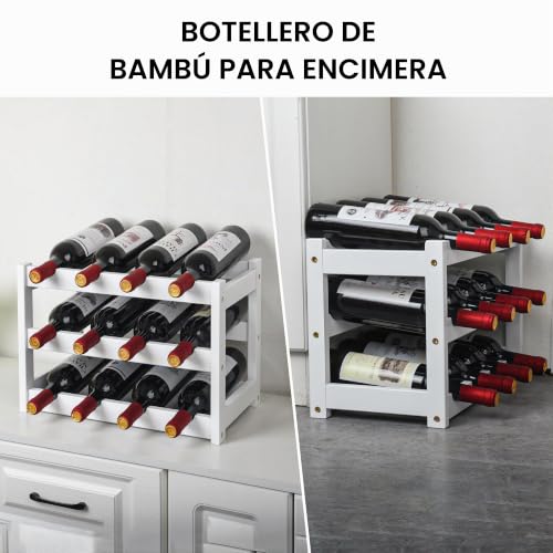 Miniatura 5 de Vasmia Botellero De Bambú, Soporte Para 12 Botellas, Estantes De Almacenamiento Independientes De 3 Niveles Para Cocina, Despensa, Bodega Bar,Blanco