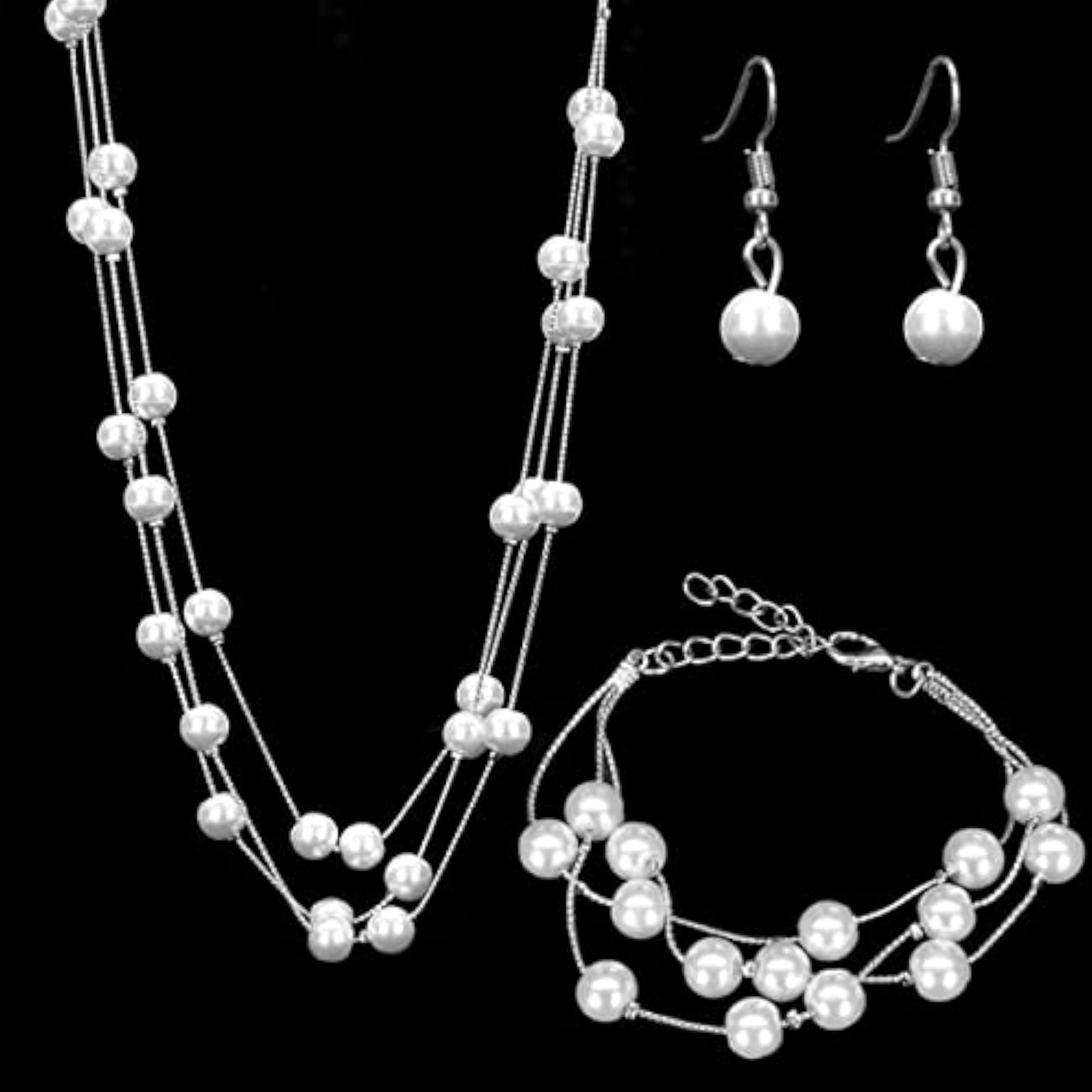 Silver Plated Multi-Strand Jewellery Set with Pearls