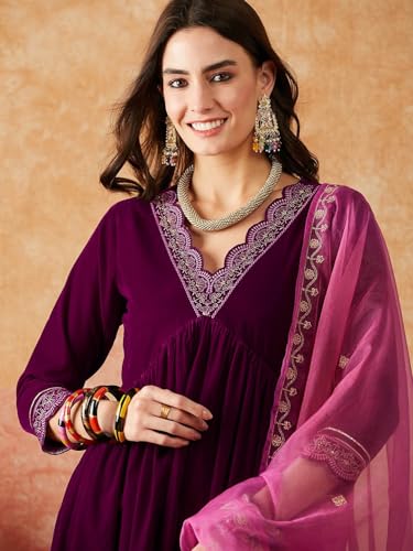 Image of SheWill Women's Zari Sequence Embroiderd Velvet Kurta with Pant and Dupatta| Salwar Suit Set with Dupatta| Velvet Kurta Set Women| Kurta Set for Women|Kurta Set with Dupatta for Women| Anarkali Kurta