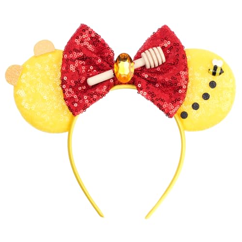 bianbaistar Golden Yellow Mouse Ears Headband Red Sequin Bow with Honeycomb Accents for Theme Parks & Birthday Parties