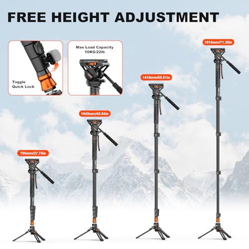 Professional Camera Monopod with Feet, 73.2 inch Aluminum Portable Travel Video Monopod with Removable Tripod Stand Base, Max Load 22 Lbs, New Q6 Fluid Head for DJI RS4 Manfrotto