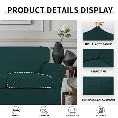 Image of Easy-Going 3 Pieces Stretch Loveseat Couch Cover for 2 Cushion Washable | Sofa Slipcover for Stretch 2 Separate Sectional Cushion Couch - Furniture Protector for Pets, Kids Deep Teal