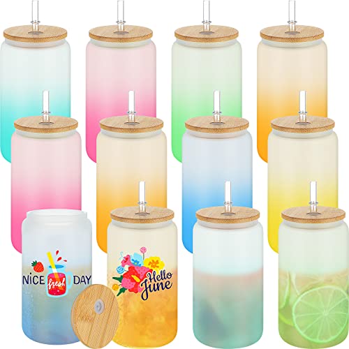 12 Pack Sublimation Glass Blanks 16Oz Sublimation Color Changing Glass Cups Frosted Beer Can Tumbler Glass Wide Mouth Mason Jar Mug With Lids And Straws For Juice Iced Coffee Drinks (Gradient) #TOP28