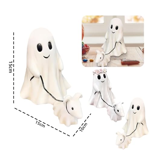 Ajuanbazha Halloween Ghost Walking Dog Statue, Geist mit Hunde Figur, Harz, 2024 Neue Halloween Dekoration, Junge